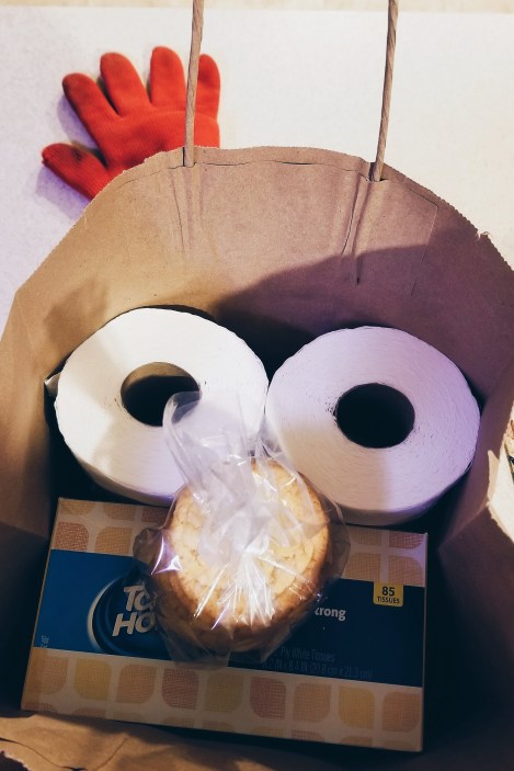 The care package I was putting together for my dad ended up looking like some weird, pandemic-inspired, Sesame Street character. The fresh sugar cookies, and the toilet paper, were definitely the highlights.